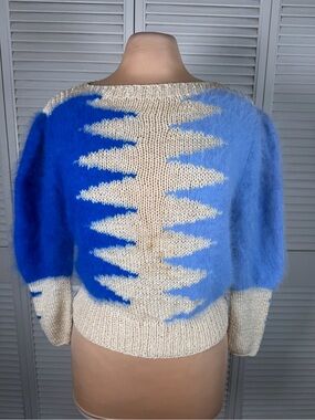 Handmade Style Fuzzy Blue Cream Sweater Cropped Knit Boho Cozy S M